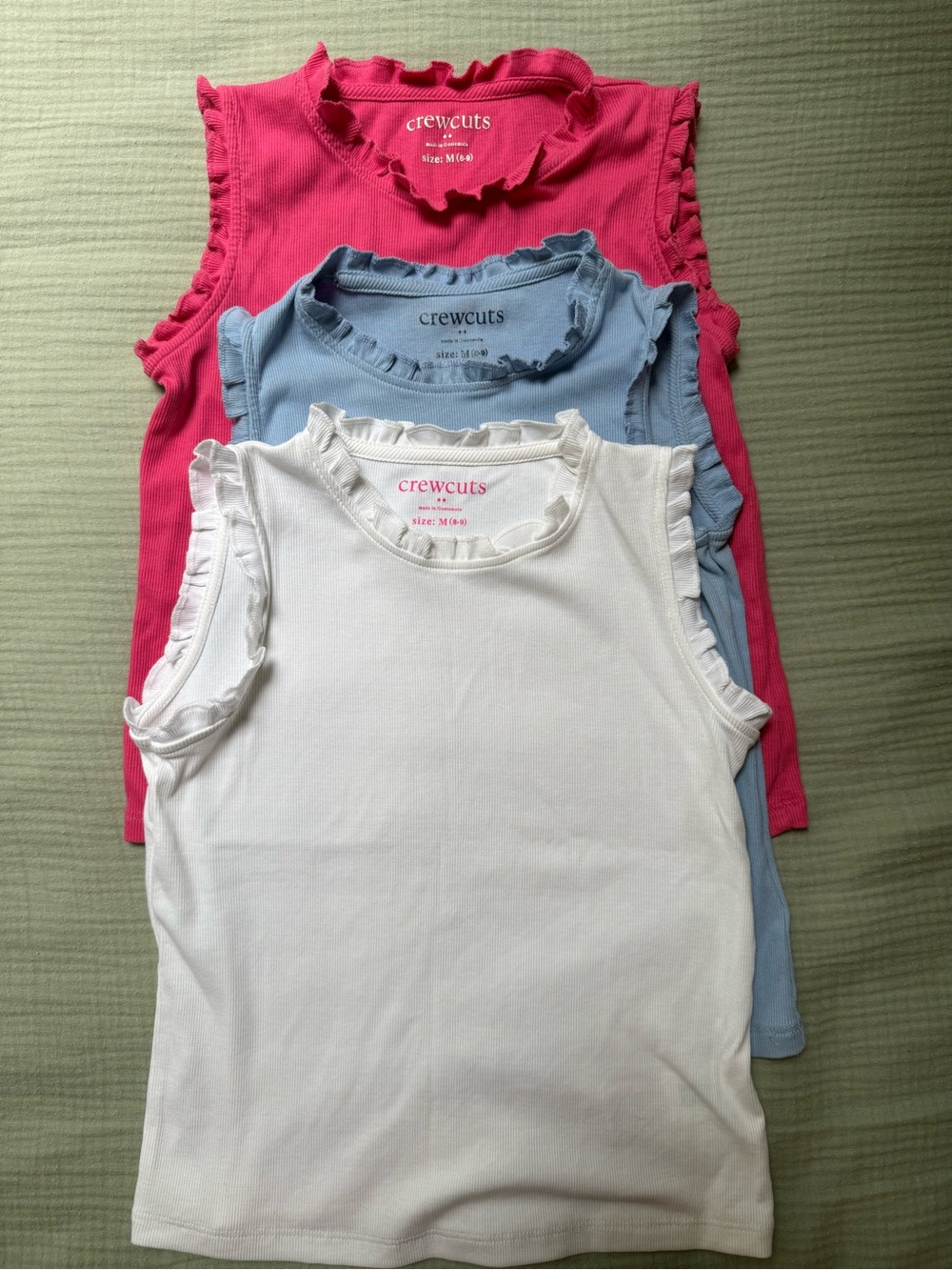 Set of 3 Crewcuts Size 8-9 Ruffle Tank Tops: White, Light Blue, Bright Pink